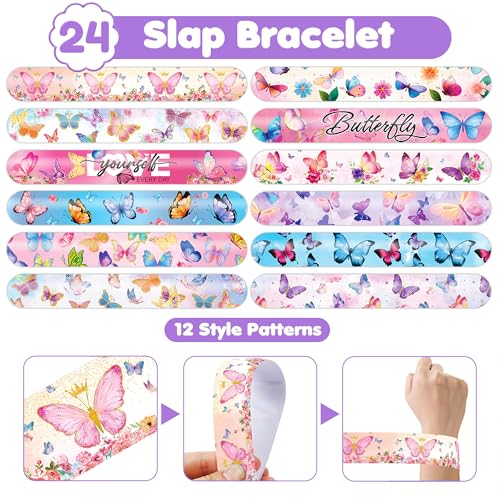 48 PCS Butterfly Party Set: 24 PCS Temporary Tattoos & 24 PCS Slap Bracelets - Cute Butterfly-Themed Gifts for Kids, Girls, Boys - Birthday Parties, Baby Showers, Classroom Rewards, Party Decorations