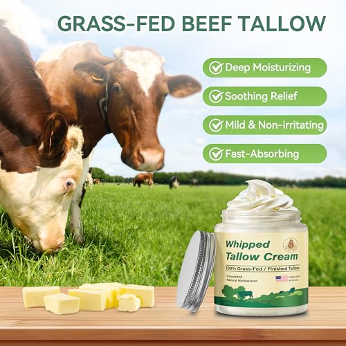 Beef Tallow for Skin, Organic Grass Fed Whipped Beef Tallow Balm Moisturizer Deeply Nourishing for Face & Body, Natural Unscented Tallow Face Moisturizer Cream for Dry Skin, 4oz
