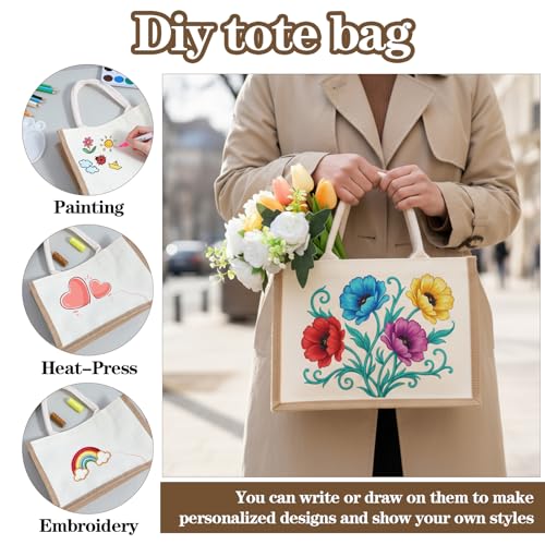 4 Sets Natural Burlap Tote Bags with Handles & Canvas Makeup Pouch, Reusable Jute Tote Bag for Wedding, Beach, Shopping, DIY Craft Blank Burlap Gift Bags with Handles
