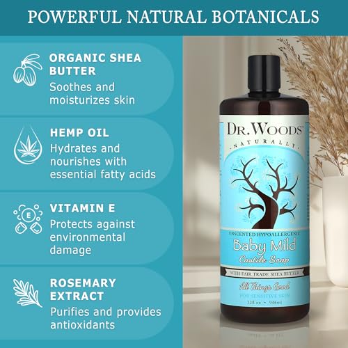 Dr. Woods Unscented Baby Mild Liquid Castile Soap - Gentle Cleanser with Organic Shea Butter, Natural Soap for Sensitive Skin - Paraben, Sulfate, and Phthalate Free - 32 Fl Oz