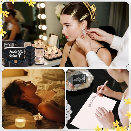 CITYCHALET 49Pcs Bridesmaid Gifts Set of 4 Black,Maid of Honor Proposal Gift Boxes Set,Cosmetic Bag Scented Candle Jewelry Box Metal Hair Clip Knot Bracelet Bachelorette Party Bridal Shower