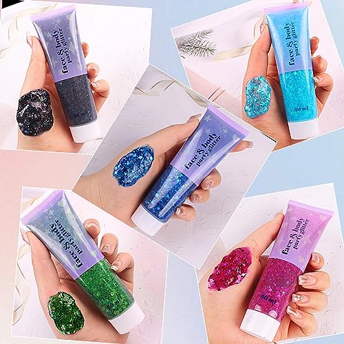 High Capacity 60+60ML Chunky and Fine Mixed Face Body Glitter with Gel for Singer Concerts Rave Party Makeup,Quick Dry and Long Lasting Holographic Iridescent Sequins Glitter Gel (white+pink)