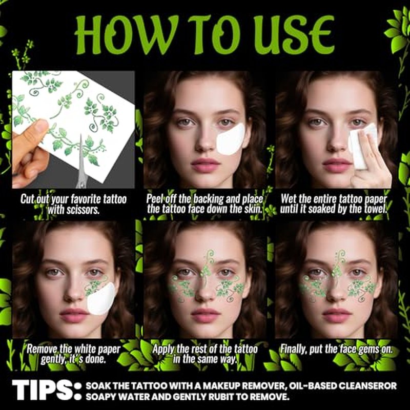 Cerlaza Halloween Decorations, Leaf Face Paint Temporary Tattoos+Green White Face Gems Jewels, Glitter Leaf Halloween Makeup Kit Costumes Rave Party Favors, Festival Cosplay Outfits Accessories