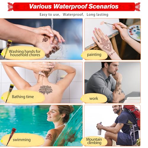 Temporary Tattoos Kit, Large 10 Sheets Temporary Tattoo Stencil Kit,95 Unique Tattoo Designs,5 Pcs 3 Color(black*2,brown*2 & Red*1) Ink with Paint Brush DIY Body Art Painting for Women Men Kids