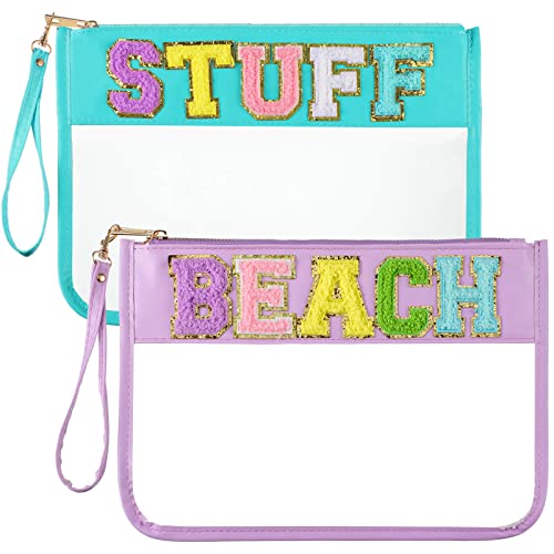 Sanwuta 2 Pcs Chenille Letter Clear Zipper Pouch Clear Snacks Bag Makeup Letter Bag Stadium Purse Transparent Travel Patch Pouch(Cute Stuff, Beach,Blue, Purple)