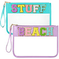 Sanwuta 2 Pcs Chenille Letter Clear Zipper Pouch Clear Snacks Bag Makeup Letter Bag Stadium Purse Transparent Travel Patch Pouch(Cute Stuff, Beach,Blue, Purple)