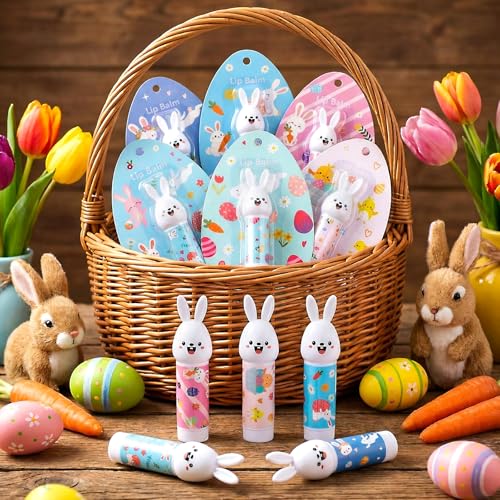 Loopeer 12 Pcs Easter Gifts Bulk Bunny Lip Balm Beeswax Moisturizing 0.18 oz Spring Basket Stuffers Christian Church Party Favors Easter Egg Goodie Bag Fillers for Women Adult Employee Coworker