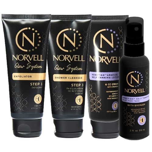 Norvell Venetian Self Tanner Maintenance Kit ? Enhance Your Tan with Sunless Exfoliator 2.5 oz, Facial Tanning Mist 2 oz, pH Balancing Cleanser & Gradual Tanner 2.5 oz
