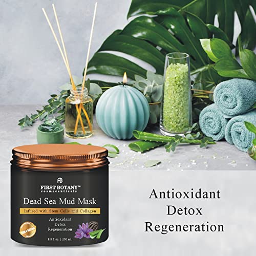 First Botany, 100% Natural Mineral-Infused Dead Sea Mud Mask 8.8oz Stem Cells Facial Treatment Skin Cleanser Pore Reducer Anti Aging Acne Treatment Blackhead Remover Cellulite & Natural Moisturizer