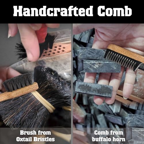 2-in-1 Beard Comb & Brush - Mustache & Beard Comb for Men. Handcrafted from Solid Wood, Buffalo Horn, and Cow Tail Hair. Comes in a Box, Perfect for Gifting.