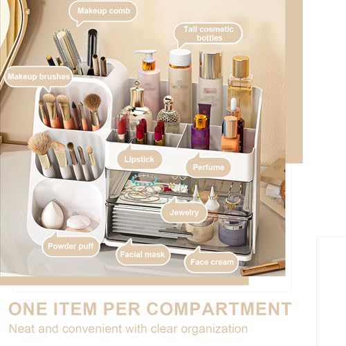 Makeup Organizer with Drawer, Skincare Products Perfume Desk Storage Box, Beauty Holder Rack for Lipstick Brush Eyeliner, Cosmetic Display Case for Dresser Countertop & Bathroom Vanity (White)