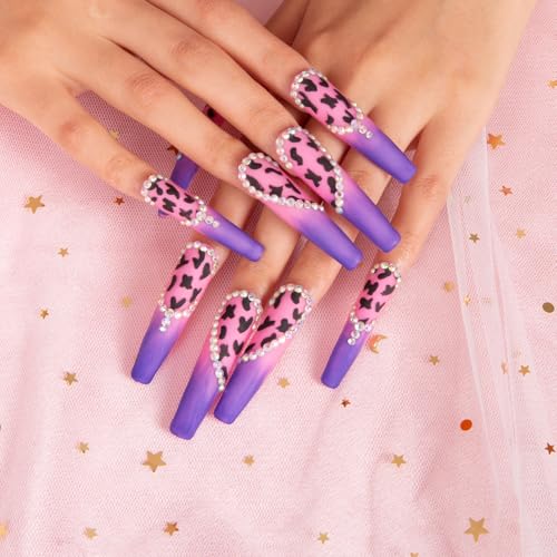 LOVFUL Press on Nails Boozy Lavender | Handmade with Full Covered Crystals | Reusable Full Cover Nails | Coffin Long 2.2 in | H211-M