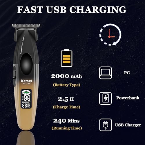 KEMEI 1787 Beard Trimmer for Men, Cordless Hair Trimmer with LED Display, 9000 RPM Hair Clippers for Barber with 2000 mAh Battery, DLC Coated T-Blade