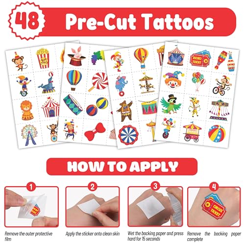 72PCS Carnival Party Set 48PCS Temporary Tattoos & 24PCS Slap Bracelets Fun Circus Themed Birthday Supplies, Baby Shower Gifts, Classroom Rewards & Party Decor for Kids Boys & Girls