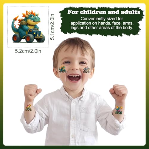 117 PCS Monster Truck Dinosaur Temporary Tattoos for Kids, 3D Cartoon Themed Pre-Cut Fake Tattoo Stickers, Birthday Party Favor Supplies and Decorations, Rewards Prizes for Boys and Girls