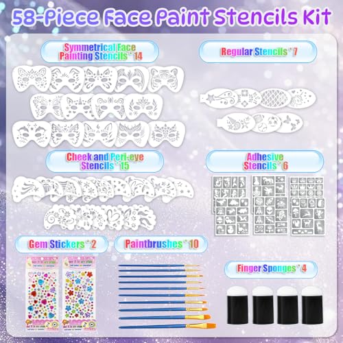 58 Pieces Face Paint Stencils and Brushes Kit, Incledes 36 Reusable Facial Painting Stencils, 6 Sheets Tattoo Stencil Stickers, 10 Brushes, 2 Pack Adhesive Gems, 4 Sponges for Party Festival Makeup