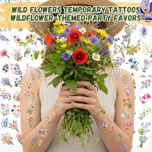 96PCS Wildflower Temporary Tattoos Stickers - Bouquets Flower Themed Birthday Party Favors Floral Birthday Party Decorations Supplies Accessories Gift For Kids Teen Girl Women Classroom Prizes Rewards