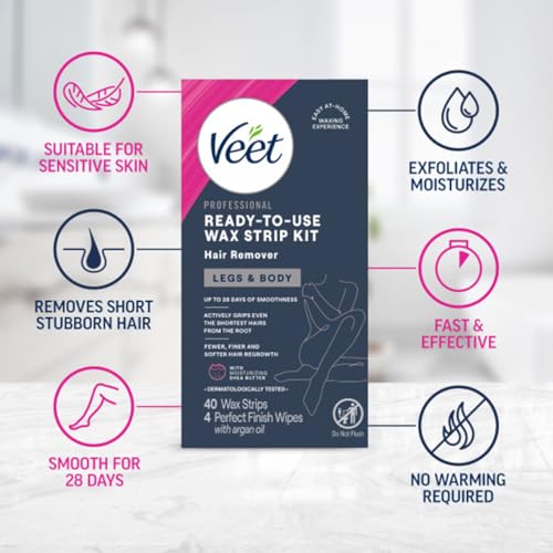 Veet Ready-to-Use Dermatologically Tested 40 Count Hair Remover Wax Strip Kit for Legs & Body (2 Pack)