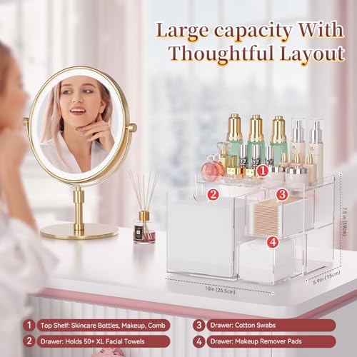 Youdepot Acrylic Face Towel Holder with Drawer ? 4-Layer Disposable Face Towel Holder Organizer Box ? Bathroom Countertop Storage for Cotton Pads, Swabs, and Skincare(Clear)