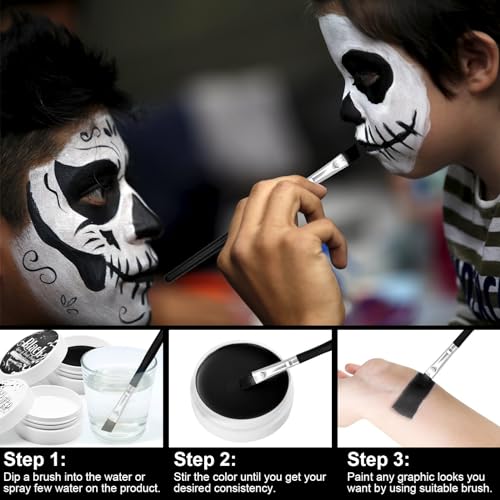 Black and White Face Paint Set - 2.47 oz Halloween Face Body Paint Skeleton Ghost Skull Cosplay Costume Professional SFX Corpse Special Effects Makeup Kit for Adults Kids Full Coverage Skin Paints