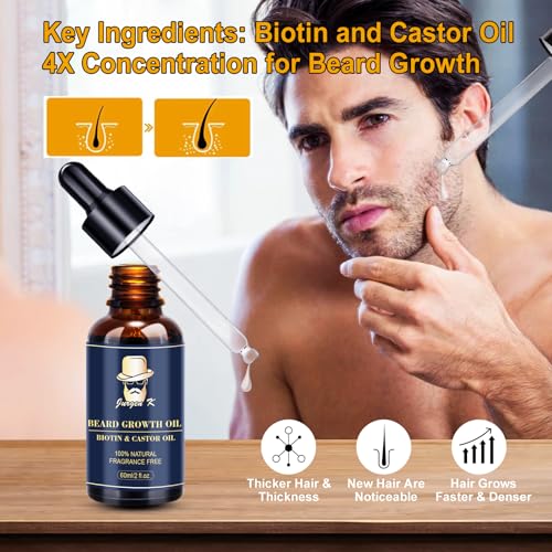 Jurgen K Beard Growth Kit, Upgraded Beard Growth Oil (2Oz) w/Biotin & Castor Oil, Beard Massager for Patchy/Spot Beard, Beard Kit for Men's Daily Grooming, Birthday Gifts for Him Boyfriend Husband