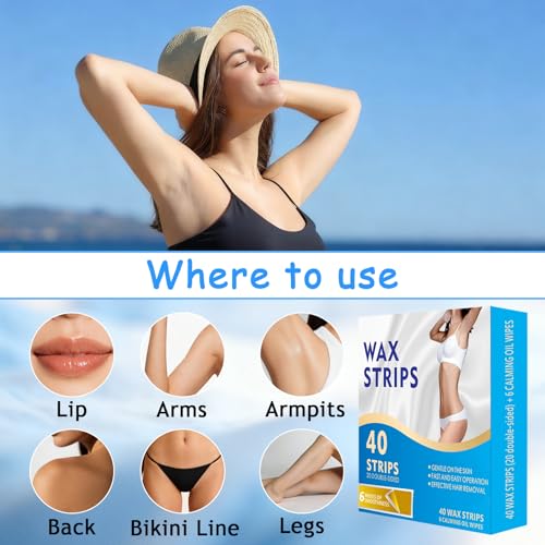 Wax Strips for Face, Waxing Strips, 40 Wax Strips for Hair Removal & 6 Calming Oil Wipes, Efficient Facial Wax Strips for Women Face, Lips, Body, Arms, Legs, Blue