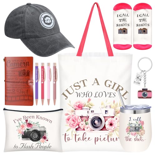 Geiserailie 11 Pcs Photographer Gifts for Camera Lovers Christmas Birthday Gifts Set for Women Photography Lovers Include Inspirational Canvas Bag Makeup Bag Hat Socks Keychain Cup Notebook Pen