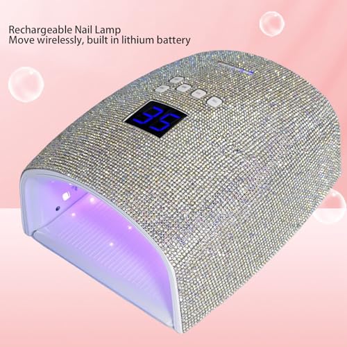 66W Nail Lamp with Rhinestones, Rechargeable Nail Lamp for Gel Nails, 15600mAh 33pcs Lamp Chips 4 Timer Setting Removable Bottom Tray Led Nail Light (US Plug)