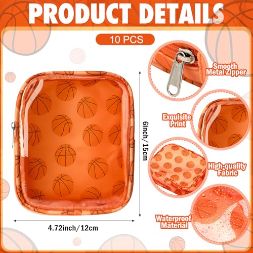 10 Pcs Basketball Clear Makeup Bag Basketball Sport Cosmetic Snack Goodie Bag with Zipper Handle PVC Pouch Waterproof Travel Toiletry Handbag Accessories for Woman Friends Birthday Team Gift