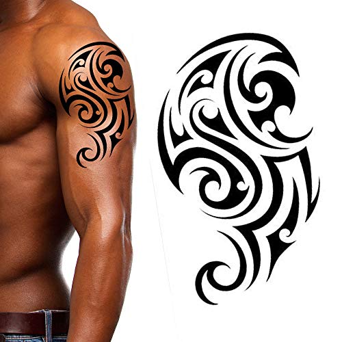 4 Pack Stick on black temporary tattoo maui tribal body art sticker transfer for arms shoulder aztec polynesian samoan hawaiian for adult men and women (4 x all tribal tattoo designs)