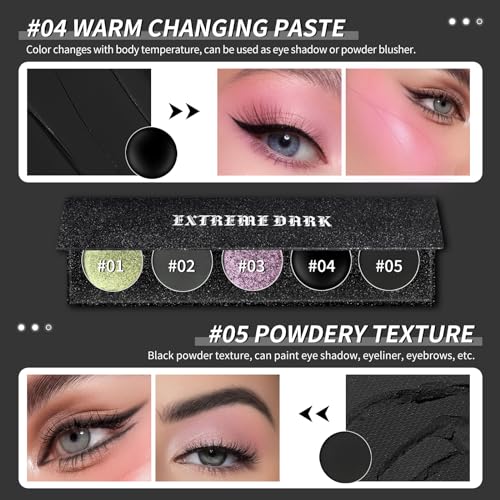 Black Eyeshadow Palette, 5 Colors True Black Chameleon Green Purple Color Changing Blush Eyes Multi-Use Dark Goth Makeup Pallet, Shimmer Matte Metallic Sombras De Ojos Kit for Daily Halloween2