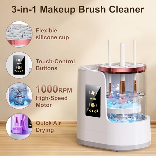 Electric Makeup Brush Cleaner 3-in-1, Automatic Brush Cleaning & Drying Machine with Dual-Direction Cleaning, Adjustable Dryer, Fits All Brush Sizes, for Makeup Brush Set, Blush Brush, Sponges
