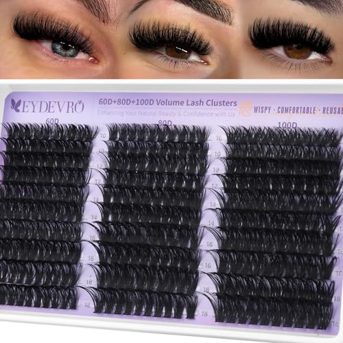 EYDEVRO Volume Lash Clusters 60D80D100D Eyelash Clusters Full Thick Cluster Eyelash Extensions D Curvature 10-18mm Individual Lashes Mega Volume Cluster Lashes DIY Lash Extensions at Home
