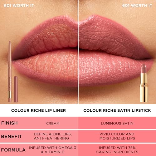 L¡¯Or?al Paris Colour Riche Lipstick and Lip Liner Set, Includes 1 Satin Lipstick and 1 Creamy Lip Pencil For Bold, Nourished Lip Color, Worth It, 1 Kit