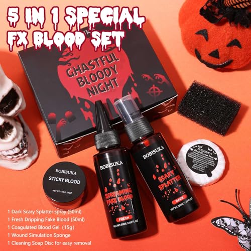 BOBISUKA 5PCS Halloween Fake Blood Kit ? Dripping Fresh Blood, Dark Spray Blood, Coagulated Gel, Cleansing Soap, Stipple Sponge ? Realistic Washable SFX Makeup for Zombie, Vampire Monster & Cosplay