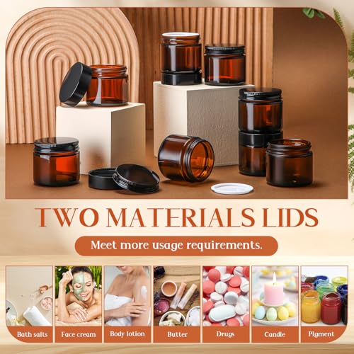 Domensi 48 Pcs 2 oz Amber Glass Jars with Sturdy Lids in 2 Materials Leakproof Empty Cosmetic Jars with Inner Liners Lid for Handmade Face Cream Lotions Powder Oils Spices Ointments Candle Paint