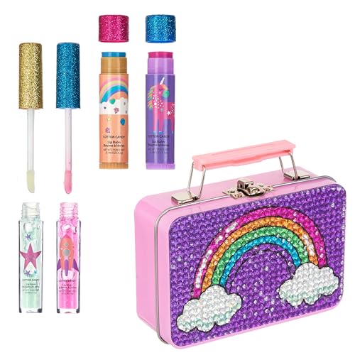 5pc Rainbow Rhinestones Cosmetics Lip Kit For Kids w/Lip Glosses, Lip Balms & Tin Box Storage Case "Magical" Lip Set,Washable + Non Toxic