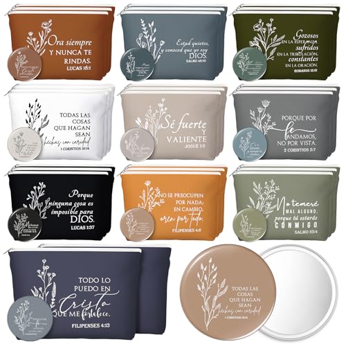 Kacctyen Spanish Christian Easter Gifts for Women Bulk Bible Verse Makeup Bags Religious Gift Regalos Cristianos Para Mujer Canvas Pouch Compact Mirrors Mother's Day Church Gift(Boho Color,30 Sets)