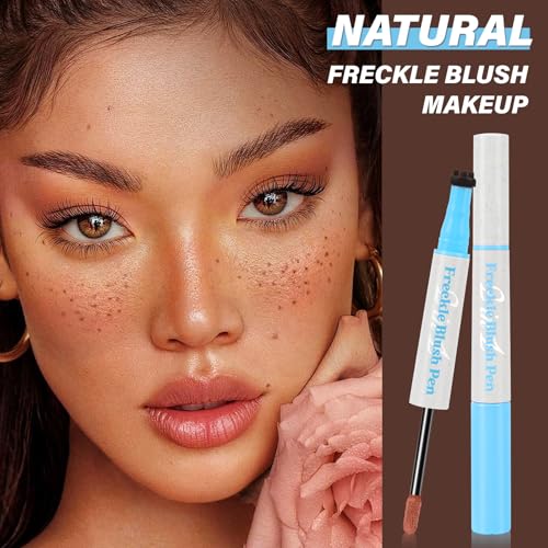 2PCS Liquid Blush Freckle Pen, 2-IN-1 Brown Fake Freckle Stamp & Pink Coral Orange Blush Stick for Cheeks, Waterproof Natural Sunkissed Dewy Cheeks Faux Freckles Face Tattoo Makeup with Puff (01#+02#)