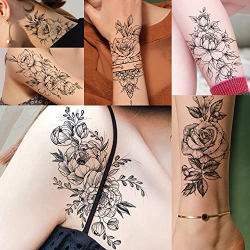 GLARYYEARS Floral Temporary Tattoo, 48-Pack Large + Small size Realistic Flower Tattoos, Mix Design Variety Pack Fake Tattoo Stickers for Women Girls Adults, Long-lasting Body Tattoos for Party
