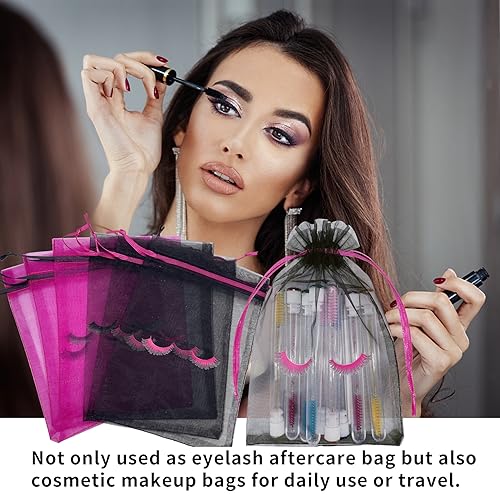 Jexila 100 Pack Lash Bags for Clients Eyelash Aftercare Black Mesh Bags Drawstring 5''X7'' Small Cosmetic Makeup Beauty Gift Bag for Women Supplies (5 x 7 Inch, Black Plus Rose)
