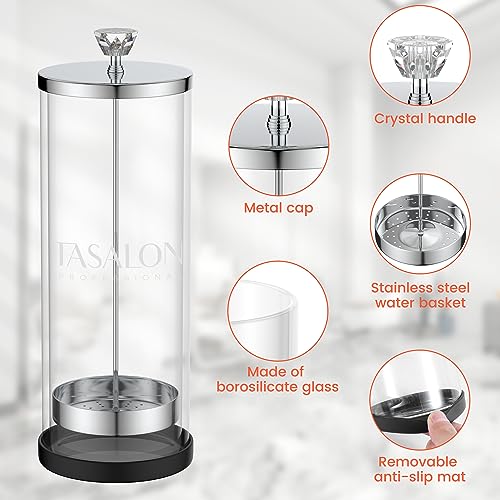 TASALON Barber Jar (45.5 oz) with Crystal Handle - Disinfectant Jar for Salon, Spa and Manicure Shop - Durable Glass and Sterilizing Container with Removable Stainless Steel Basket - Large