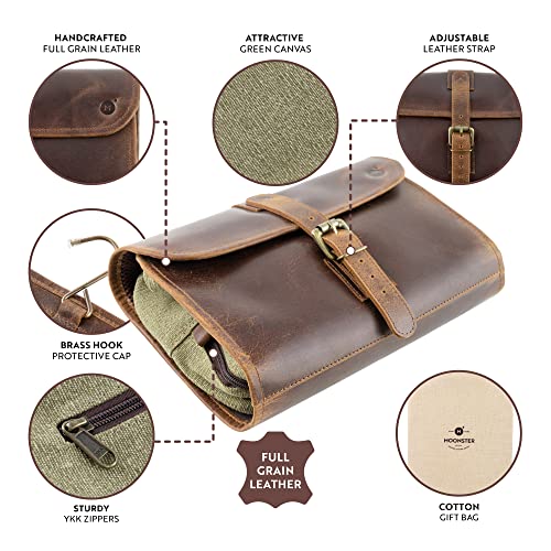 moonster Hanging Toiletry Bag for Men & Women, Leather Travel Bag with Hanging Hook, Dopp Kit Shower Bag