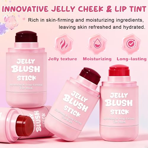 2PCS Jelly Blush Stick for Cheeks,Multi-use Cooling Water Jelly Lip and Cheek Tint Stain,Moisturizing,Cruelty-Free,Lightweight,Sheer & Buildable Lip Tint + Blush£¨02 Soft Pink + 04 Berry Red£©