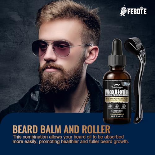 Biotin Beard Growth Kit for Men with Conditioning Oil and 0.25mm Massager Roller, Sandalwood Serum with Castor and Jojoba Oil, Grooming Softer Thicker Healthier-Looking Mustache Beard Care