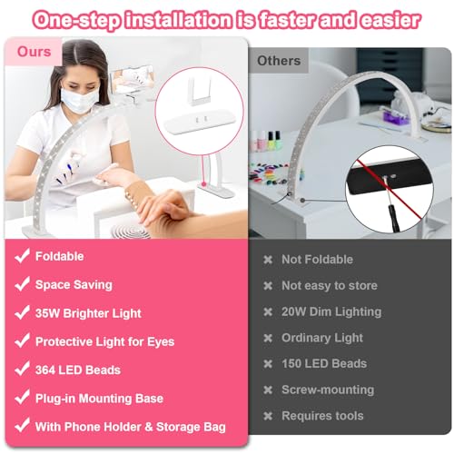 Upgraded Half Moon Light with Phone Holder, 29in Foldable Half Moon Light for Nail Desk, Nail Table Lamp with Stepless Dimming & Color Temperature (Large-29In)