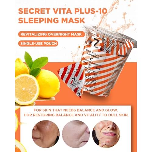 MAY ISLAND 7 Days Secret Vita Plus Sleeping Mask - Korean Overnight Mask with Sea Buckthorn Extract & Niacinamide - Revitalizing & Nourishing - Single-Use Pouches. 0.17oz. x 12 Pack