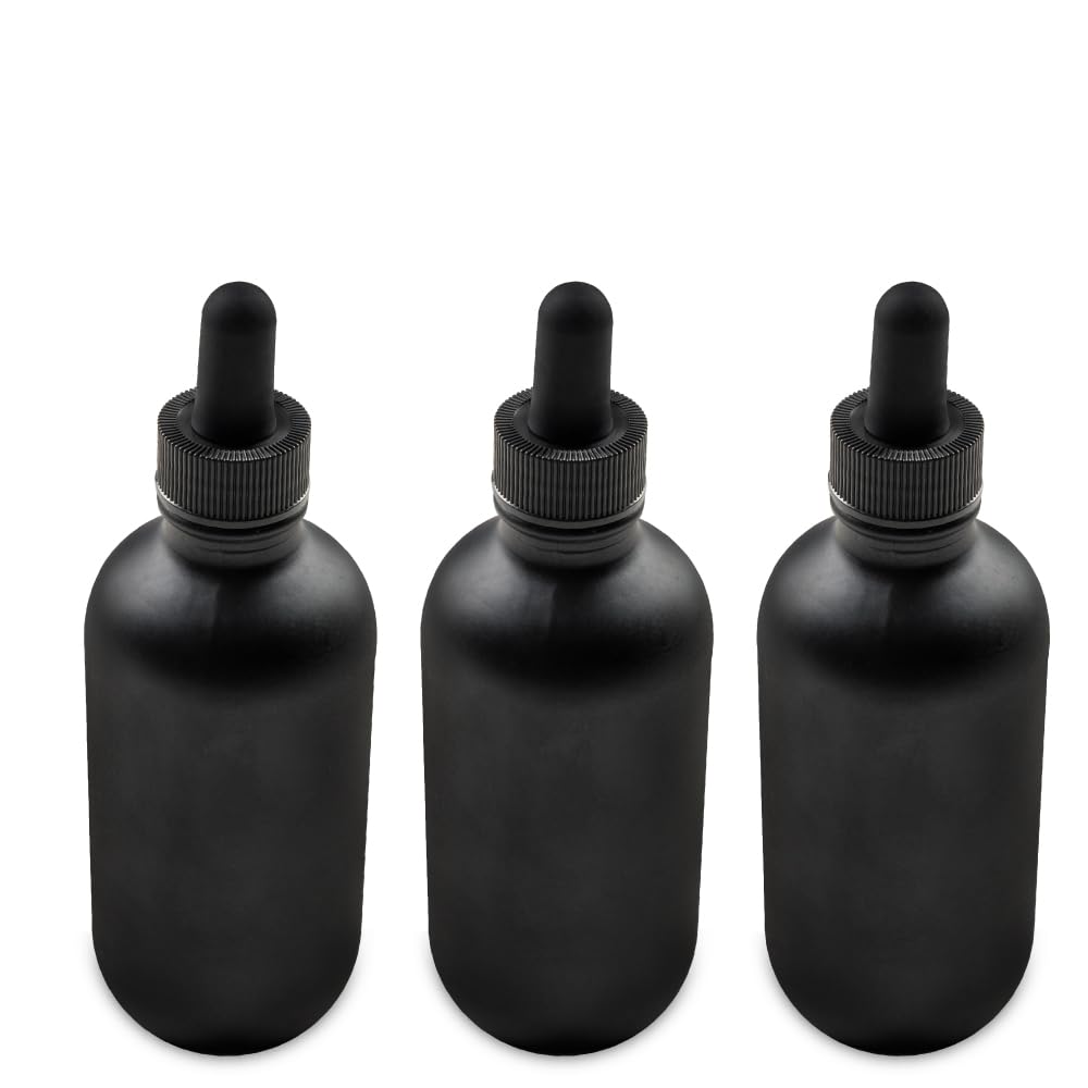The Bottle Depot - 3 Pack - 4 oz Glass Bottle with Dropper - Black Frosted - 22-400 Neck Finish - Boston Round Bottles - Leakproof Essential Oils Bottles