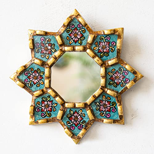 Turquoise Hanging Round Wall Mirror Living Room Decor- Peruvian Painted Glass Mirror Valentines Day Gift for Women - Ornate Mirror on The Wall