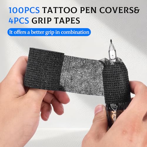JimKing 100pcs Tattoo Pen Covers, Sealable Pen Sleeves, with 4pcs Tattoo Grip Wraps Self-Adhesiive Tapes, Extral Large